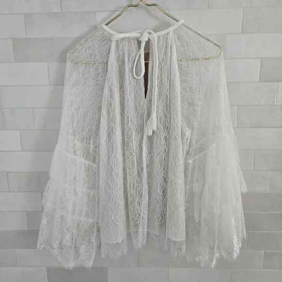 Alice + Olivia Delia Ruffled Lace Tunic Top Blouse White Sheer Mesh Bell Sleeve - Picture 8 of 10